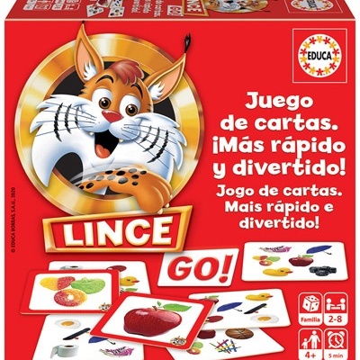 Caixa do jogo de cartas Lince GO! com um lince sorridente e várias cartas coloridas espalhadas