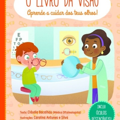 Capa de livro infantil sobre visão com ilustrações de criança e adulta em consulta de óculos