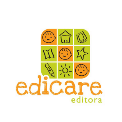 Logótipo da editora edicare com ícones desenhados em quadrados verdes e laranja