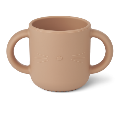Caneca castanha claro com duas pegas e detalhes de rosto de gato