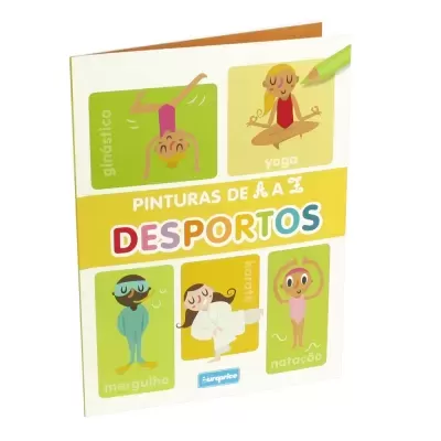 Livro infantil colorido sobre desportos com ilustrações de crianças a praticar ginástica, yoga, mergulho e natação