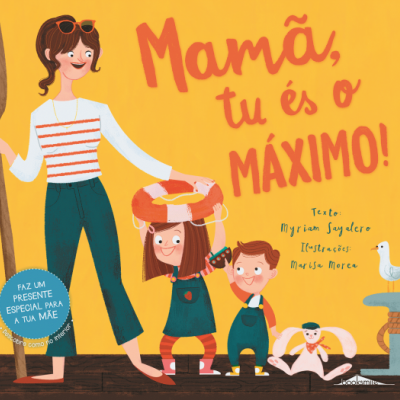 Capa de livro ilustrada com mãe, duas crianças e texto em amarelo