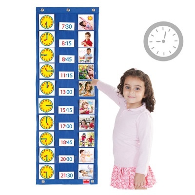 Painel organizador azul para horários com relógios e crianças apontando para ele