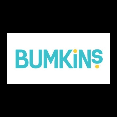 Logótipo da marca BUMKINS com letras azuis e pontos amarelos