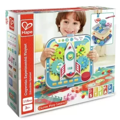 Caixa de brinquedo educativo Cogworks Experimental Playset da Hape com engrenagens coloridas e foguete