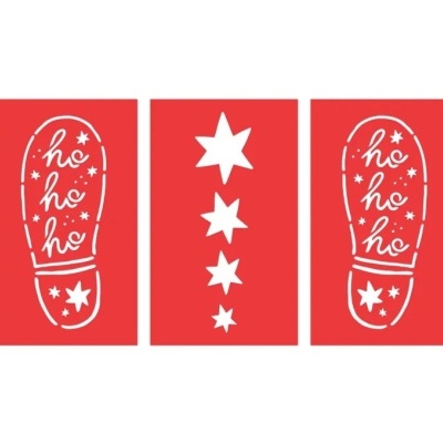 Três painéis vermelhos com luvas e estrelas brancas decorativas