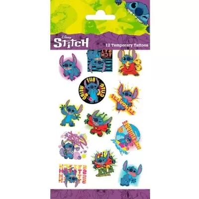Pacote de tatuagens temporárias Disney Stitch com 12 desenhos coloridos