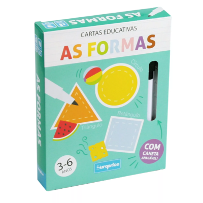 Caixa verde e branca de cartas educativas AS FORMAS com imagens de formas geométricas e caneta apagável