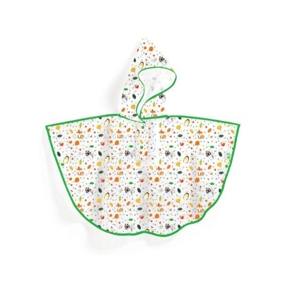 Capa de chuva infantil branca com padrão colorido e borda verde