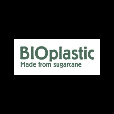 Logótipo com texto BIOplastic Made from sugarcane em verde.