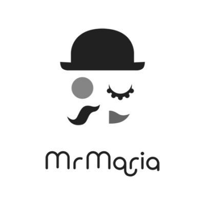 Logotipo minimalista com chapéu, bigode e texto 'Mr Maria'