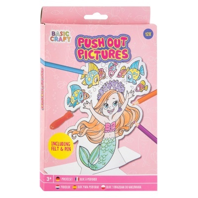 Caixa rosa do produto PUSH OUT PICTURES com ilustração de sereia e peixes coloridos