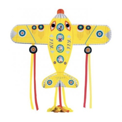 Pipa amarela em forma de avião com detalhes coloridos e fitas penduradas