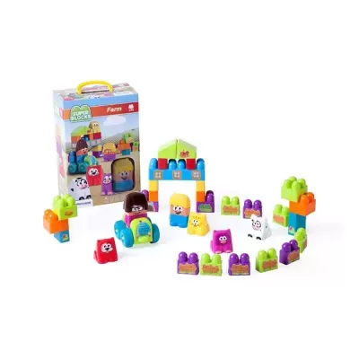 Blocos de construção coloridos com figuras de animais e personagens em plástico com caixa embalagem