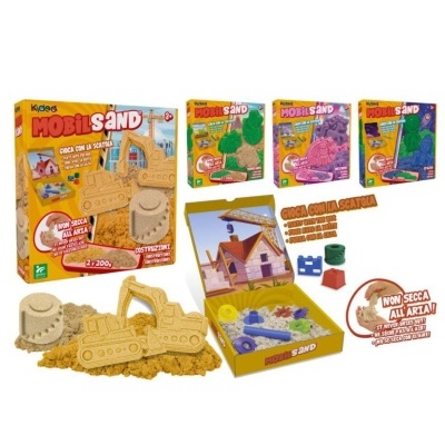 Kit de areia cinética construtor com carrinho escavador amarelo e formas em embalagem colorida