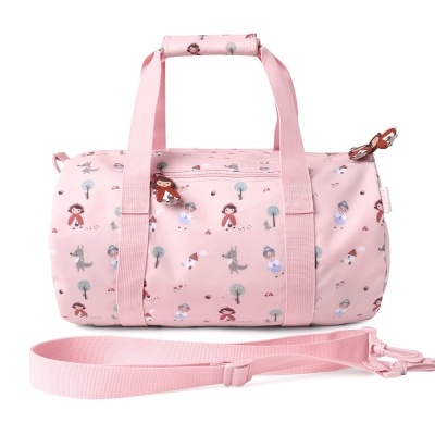 Mala de viagem cor-de-rosa com padrão de desenhos de animais e árvores.