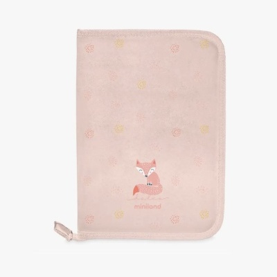 Estojo rosa claro com raposa desenhada e fecho de correr