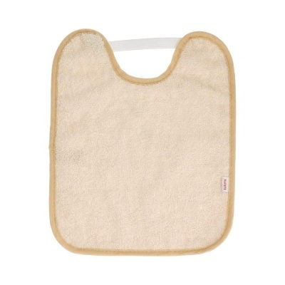 Babete bege felpudo com borda castanha claro e elástico branco