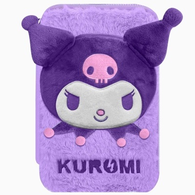 Estojo de pelúcia roxo com personagem Kuromi e texto KUROMI