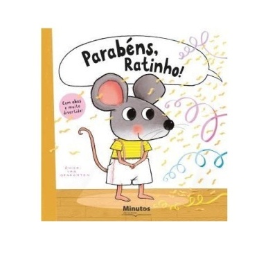 Capa de livro infantil com rato e texto Parabéns, Ratinho!