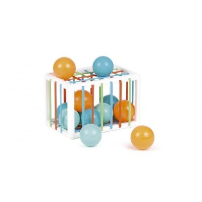 Brinquedo com bolas azuis e laranjas dentro de uma estrutura com barras coloridas