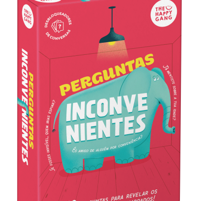 Caixa vermelha do jogo 'Perguntas Inconvenientes' com desenho de elefante azul