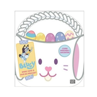 Cesto branco de Páscoa em forma de coelho com ovos coloridos e etiquetas com texto