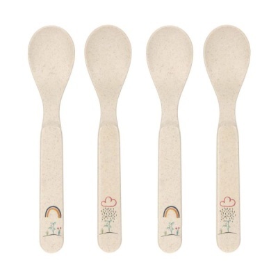 Conjunto de quatro colheres bege com ilustrações de arco-íris, nuvem e plantas no cabo