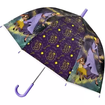 Guarda-chuva infantil roxo com tema de Halloween com desenhos de bruxa e gato preto