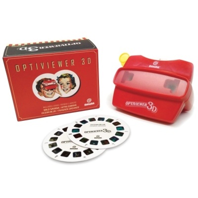 Visor óptico vermelho Optiviewer 3D com caixa e lentes circulares para 3D