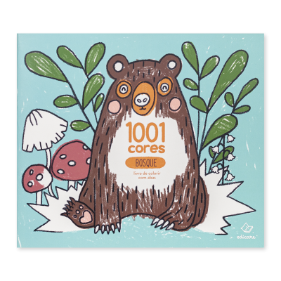 Capa de livro de colorir '1001 cores BOSQUE' com urso e elementos da floresta.
