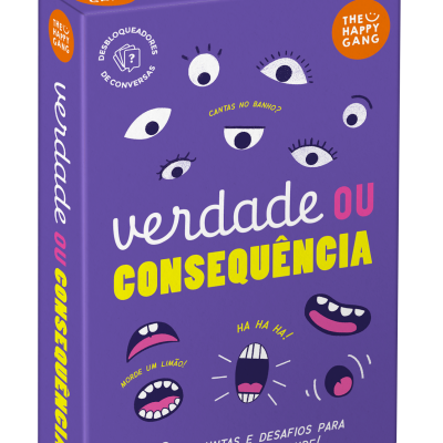 Caixa de jogo Verdade ou Consequência roxa com ilustrações de olhos e bocas e texto em várias cores