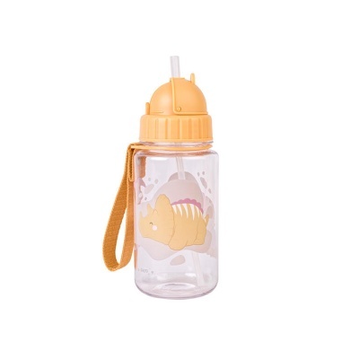 Garrafa plástica transparente com tampa amarela e desenho de ursinho