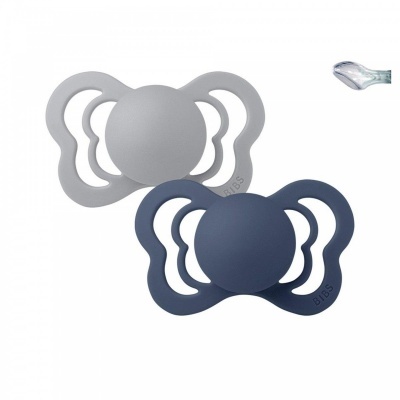 Dois biberões chupeta cinza claro e azul escuro design curvo com texto BIBS