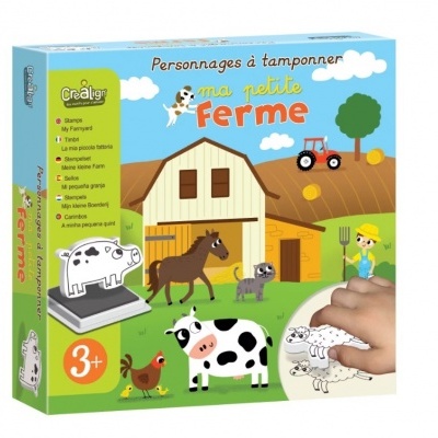 Caixa de carimbos de animais de quinta para crianças com ilustrações coloridas e texto em francês