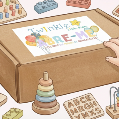 Caixa castanha com etiqueta colorida rodeada por brinquedos de madeira e mão de criança a tocar na caixa