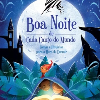 Capa de livro infantil com duas crianças lendo e animais sob uma lua cheia