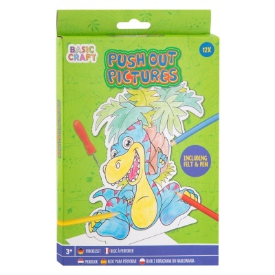 Caixa verde de kit para atividades infantis com desenho de dinossauro colorido