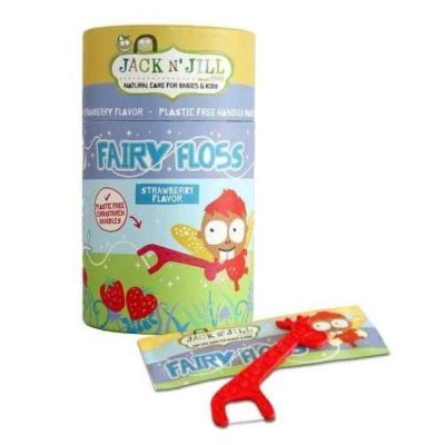 Fio dentário Jack N' Jill Fairy Floss com sabor a morango em embalagem cilíndrica colorida com aplicador vermelho