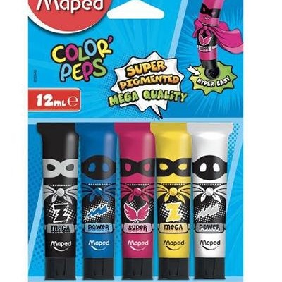Conjunto de 5 tubos de tinta guache Color Peps Maped com embalagem azul e figura de super-herói.