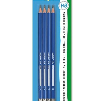 Conjunto de cinco lápis de grafite HB azuis com borracha em embalagem