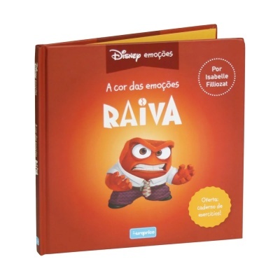 Livro infantil da Disney 'A cor das emoções RAIVA' com personagem e texto em laranja