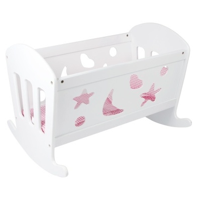 Berço infantil branco com desenhos rosa e laterais vazadas