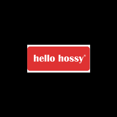 Logótipo com texto branco 'hello hossy®' sobre fundo vermelho
