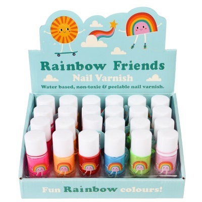 Expositor azul com 24 frascos de verniz de unhas coloridos Rainbow Friends