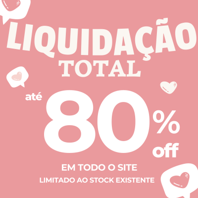 Imagem promocional rosa com texto branco sobre liquidação até 80% off
