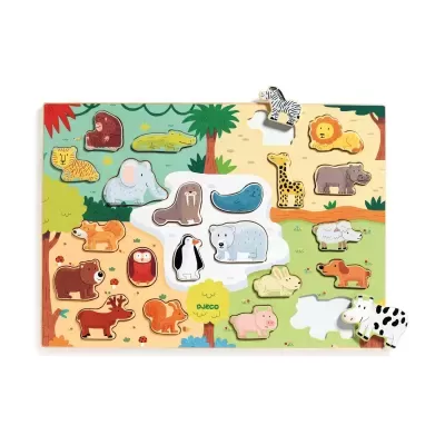 Quebra-cabeças de madeira colorido com animais selvagens e domésticos