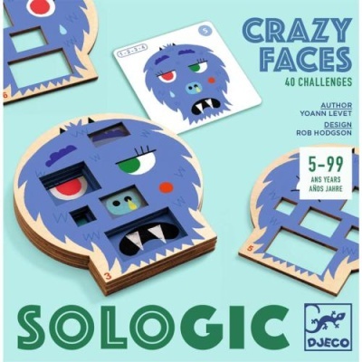 Produto SoloGic Crazy Faces jogo de tabuleiro com peças de rosto azul de monstro