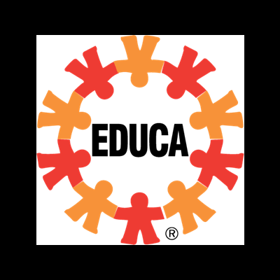 Logotipo circular de figuras humanas em vermelho e laranja unidas em círculo