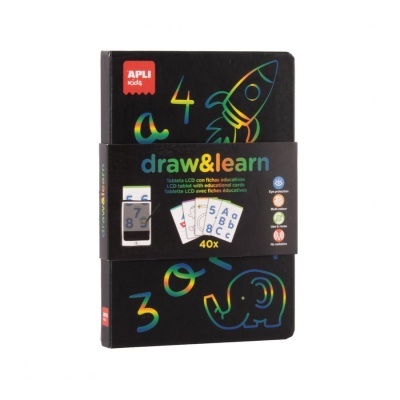 Jogo educativo APLI Kids draw & learn com 40 fichas e capa preta com ilustrações coloridas